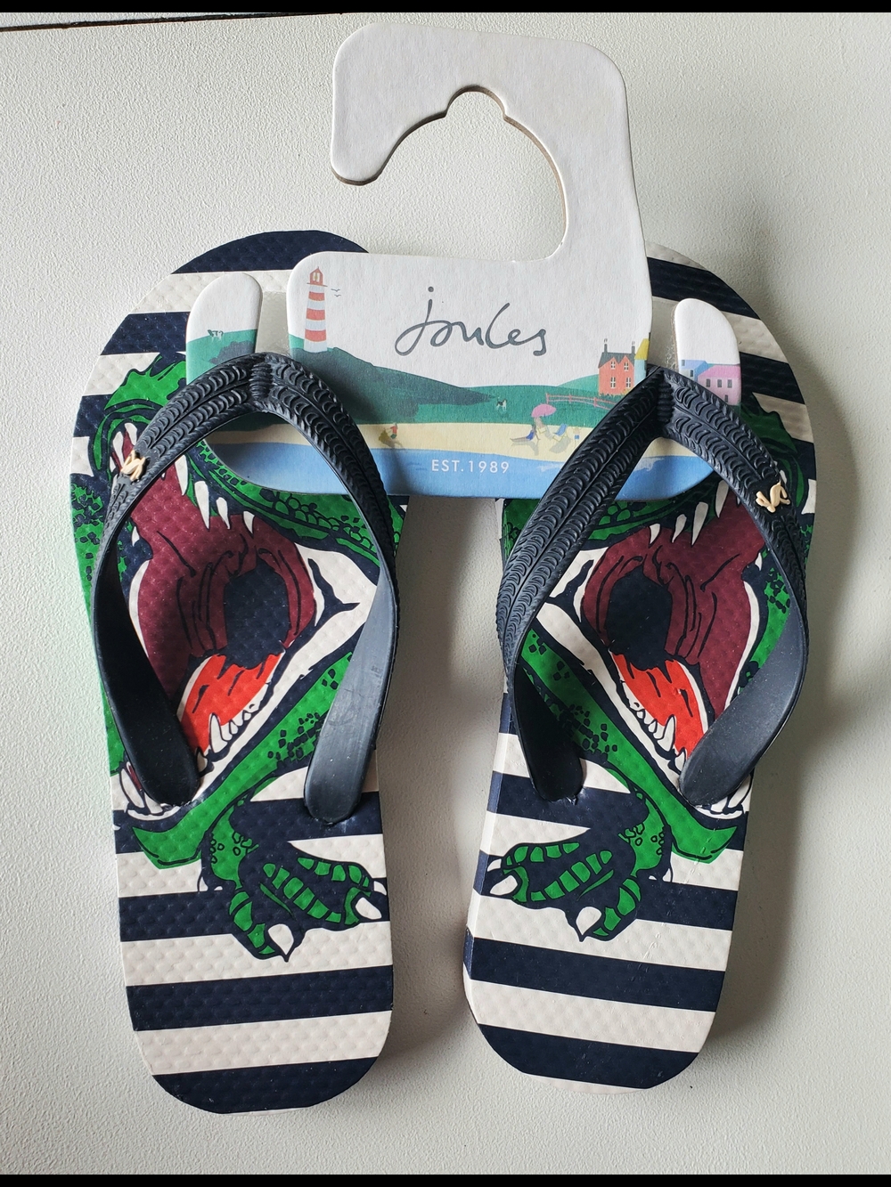 Joules Kids Navy & White Stripe Flip Flops with Dino Graphic